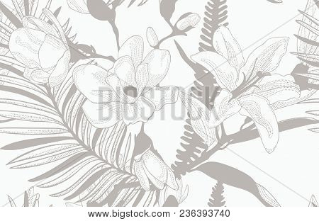 Vector Pastel Colorful Decorative Seamless Background Pattern With Drawn Flowers, Cherry Blossom, Or