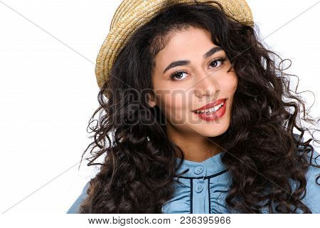Close-up Portait Of Beautiful Young Woman In Canotier Hat Isolated On White