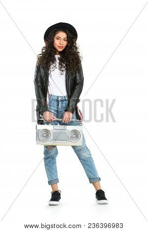 Stylish Young Woman With Vintage Boombox Isolated On White