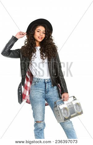 Beautiful Young Woman With Vintage Boombox Isolated On White