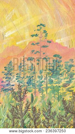 Oil Painting On Canvas. Dawn In The Mountains. Sun Rays In The Golden Sky. In The Background There A