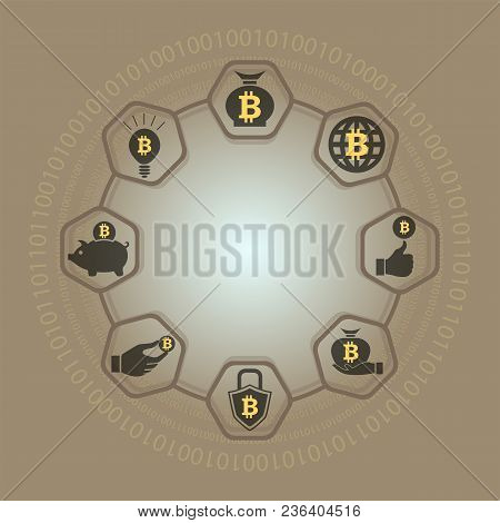 Abstract Composition In The Form Of A Circle With The Sign Bitkoyn, With A Silhouette Of The Hand, A