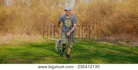 The Man Trains The Dog. Educating Dog. Play With A Pet. Dog Handler.