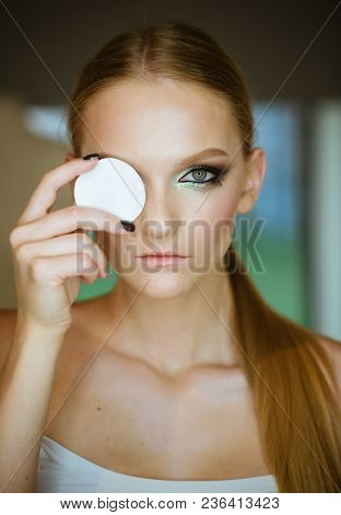 Beauty Model With Fresh Face Skin, Skincare. Woman Remove Makeup With Cotton Pad. Woman Use Cotton P