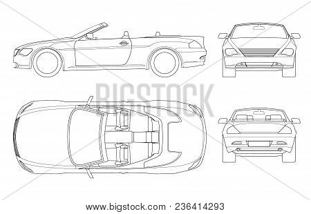 Cabriolet Car In Outline. Cabrio Coupe Vehicle Template Vector Isolated On White. View Front, Rear, 