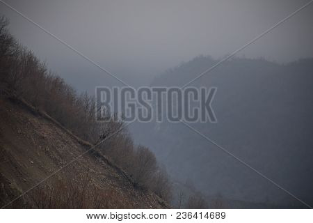Panorama Of The Foggy Winter Landscape In The Mountains With Snow And Rocks, Azerbaijan, Lahic, Big