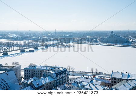 Riga, Latvia. February 20, 2017. Aerial Winter View Of The Riga Old Town From Above With A View Of R