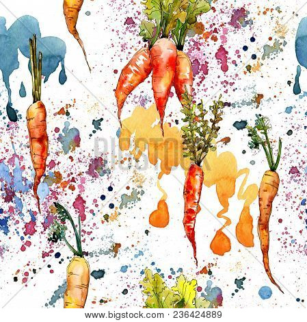 Carrot Healthy Food In A Watercolor Style Pattern. Full Name Of The Vegetables: Carrot. Aquarelle Wi