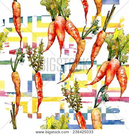 Carrot Healthy Food In A Watercolor Style Pattern. Full Name Of The Vegetables: Carrot. Aquarelle Wi