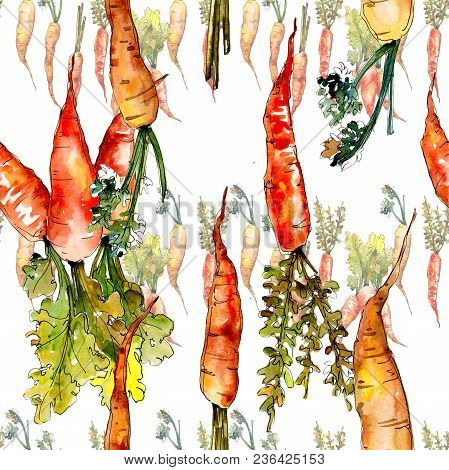 Carrot Healthy Food In A Watercolor Style Pattern. Full Name Of The Vegetables: Carrot. Aquarelle Wi