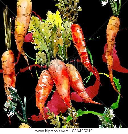 Carrot Healthy Food In A Watercolor Style Pattern. Full Name Of The Vegetables: Carrot. Aquarelle Wi
