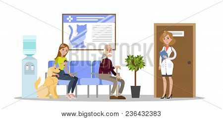 Vetclinic Illustrations With Dog Patient And Owner.