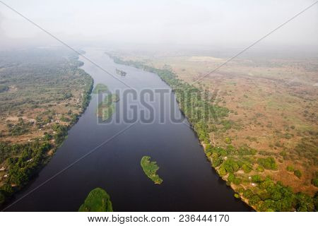 Aerial view of the White Nile River in Juba, capital of South Sudan.