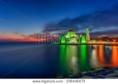 Beautiful Sunset Over The Majestic Mosque, Malacca Straits Mosque (masjid Selat). Soft Focus Due To