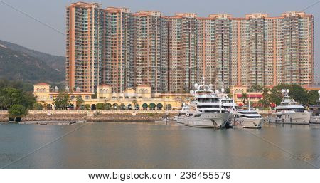 Tuen Mun, Hong Kong, 22 March 2018: Hong Kong Cruise in typhoon shelter 