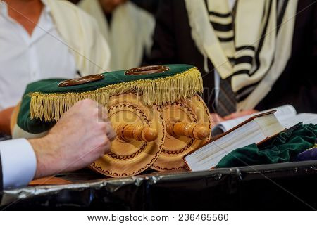 Selective Focus Of Torah Scroll. Jewish Lifestyle Barmitzvah Concept Background