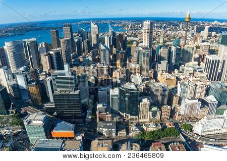 Aerial Cityscape Of Sydney Cbd, Downtown With Sydney Landmarks And Sydney Harbour. Urban Background