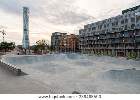 Malmo Skate Park With Turning Torso Skyscraper On The Background
