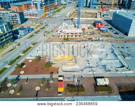 Aerial View Of The Skate Park In Malmo, Sweden. Largest Skate Park In Europe. July 10, 2017.