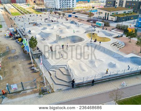 Aerial View Of The Skate Park In Malmo, Sweden. Largest Skate Park In Europe. July 10, 2017.
