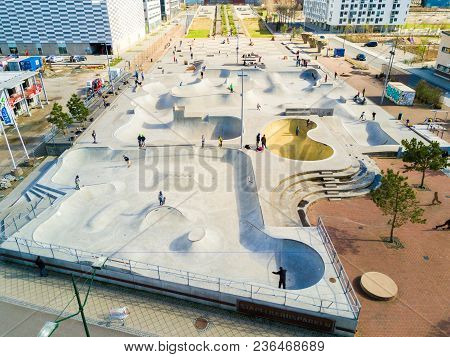 Aerial View Of The Skate Park In Malmo, Sweden. Largest Skate Park In Europe. July 10, 2017.