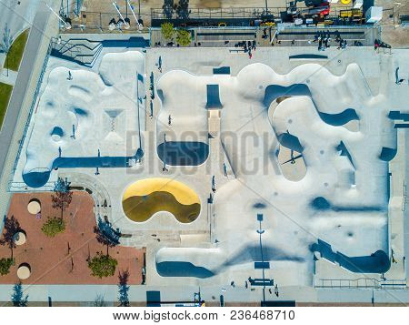 Aerial View Of The Skate Park In Malmo, Sweden. Largest Skate Park In Europe. July 10, 2017.