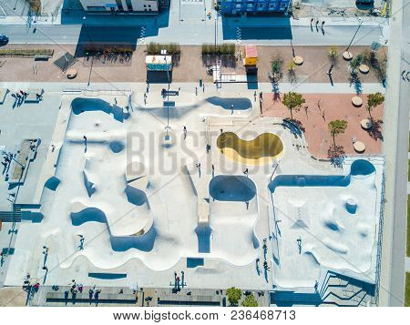 Aerial View Of The Skate Park In Malmo, Sweden. Largest Skate Park In Europe. July 10, 2017.
