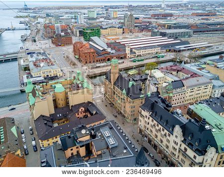 Aerial Malmo City View From Above With Harbour, Turning Torso And The Bridge On The Horizon