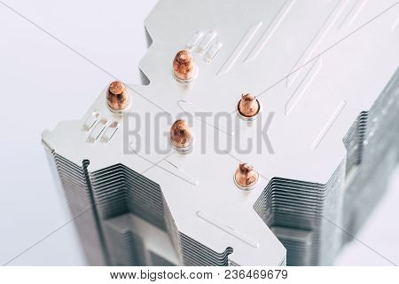 Aluminum Radiator With Copper Heat Pipe Close-up With Beautiful Bokeh Concept Of Air Cooling Of The 