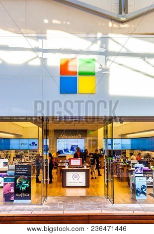 San Antonio, Texas - April 12, 2018 - Entrance Of The Microsoft Store And Shoroom Located At La Cant