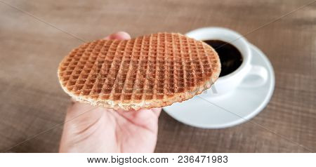 Stroopwafel A Famous Waffle From Dutch. Eat It With Black Coffee.