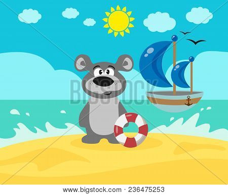 Bear On The Beach. Sea Tour. Summer Vacation
