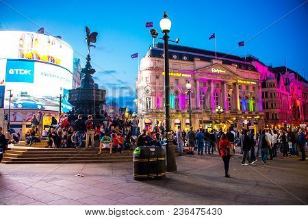 London, Uk. April 10, 2017. Piccadilly Circus In The Center Of London At Night. Evening City Life. B