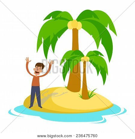 Sad Young Man On A Desert Island. Vector Illustration