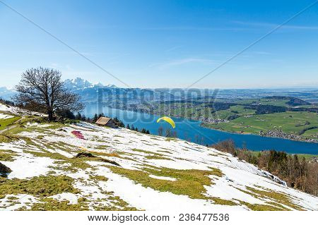 Panoramic View Of The Mountains And Lake View In Switzerland In The Early Morning.