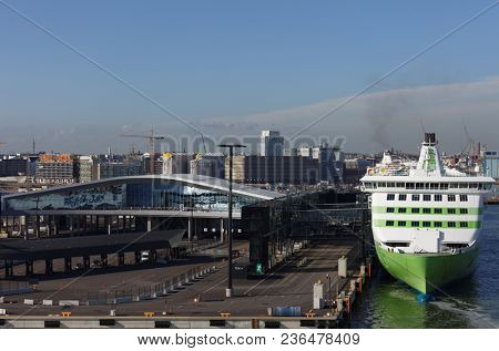 HELSINKI, FINLAND - JULY 29, 2017: View from the outgoing ship to the West Terminal 2. It was opened in February 2017 and specialised in fast scheduled traffic to Tallinn, Estonia