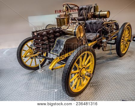 PRAGUE, CZECH REPUBLIC - MARCH 8 2017: Oldtimer racing car NW 12 HP Rennzweier from 1900, National Technical Museum of Prague