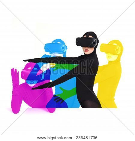 Woman Is Posing In Vr Headset, Four Poses As Cmyk. An Excited Woman Experiencing The Virtual Reality