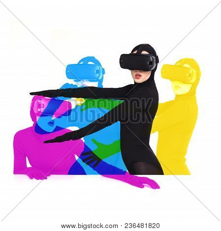 Woman Is Posing In Vr Headset, Four Poses As Cmyk. An Excited Woman Experiencing The Virtual Reality