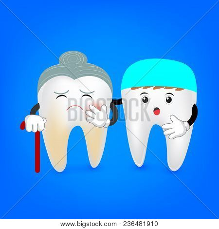 Cartoon Teeth With Plaque. Funny Illustration Isolated On Blue Background.