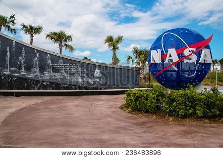 Space Center Cape Canaveral, Florida. Kennedy Memorial Next To The Nasa Globe. Florida, Us, 13 June,