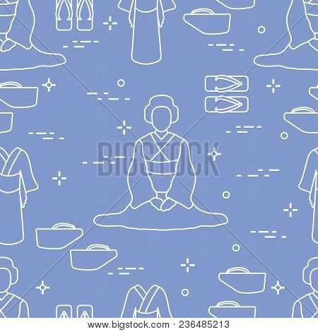 Seamless Pattern With Asian Woman, Traditional Japanese Clothing, Shoes. Travel And Leisure.
