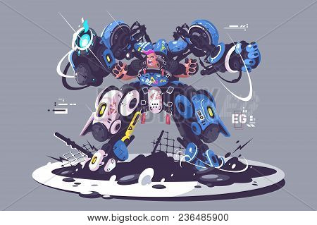 Brutal Guy In Combat Exoskeleton. Robotic Equipment Controlled By Man. Vector Illustration