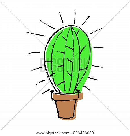 Sketch Doodle Home Green Cactus In Brown Pot, Flat Cartoon Colors, Stock Vector Illustration
