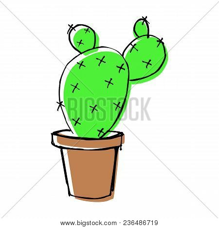 Sketch Doodle Home Green Cactus In Brown Pot, Flat Cartoon Colors, Stock Vector Illustration