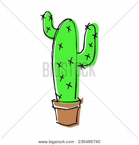 Sketch Doodle Home Green Cactus In Brown Pot, Flat Cartoon Colors, Stock Vector Illustration