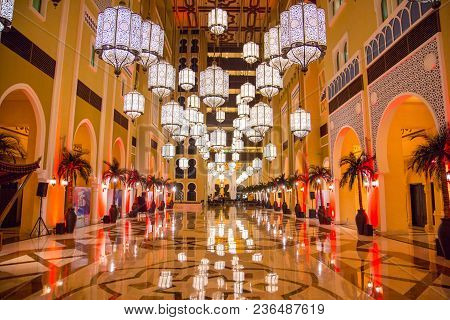 Luxury Lobby Design Hall In A Movenpick Batutta Gate Hotel. Amazing Interior Decorations.uae, Dubai,