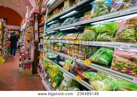 ROME, ITALY - CIRCA NOVEMBER 2017: inside Carrefour Express store in Rome. Carrefour Express is a convenience store chain owned and operated by French retailer Carrefour.