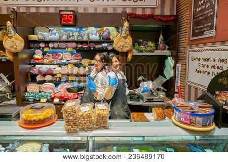 ROME, ITALY - CIRCA NOVEMBER 2017: staff at Carrefour Express store in Rome. Carrefour Express is a convenience store chain owned and operated by French retailer Carrefour.