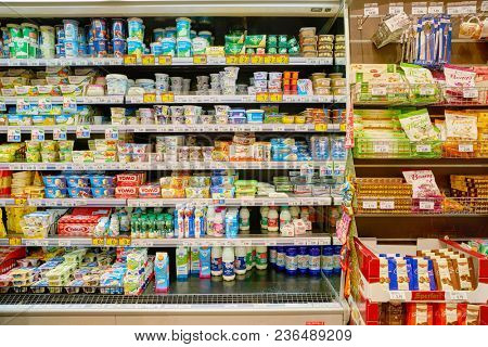 ROME, ITALY - CIRCA NOVEMBER 2017: inside Carrefour Express store in Rome. Carrefour Express is a convenience store chain owned and operated by French retailer Carrefour.